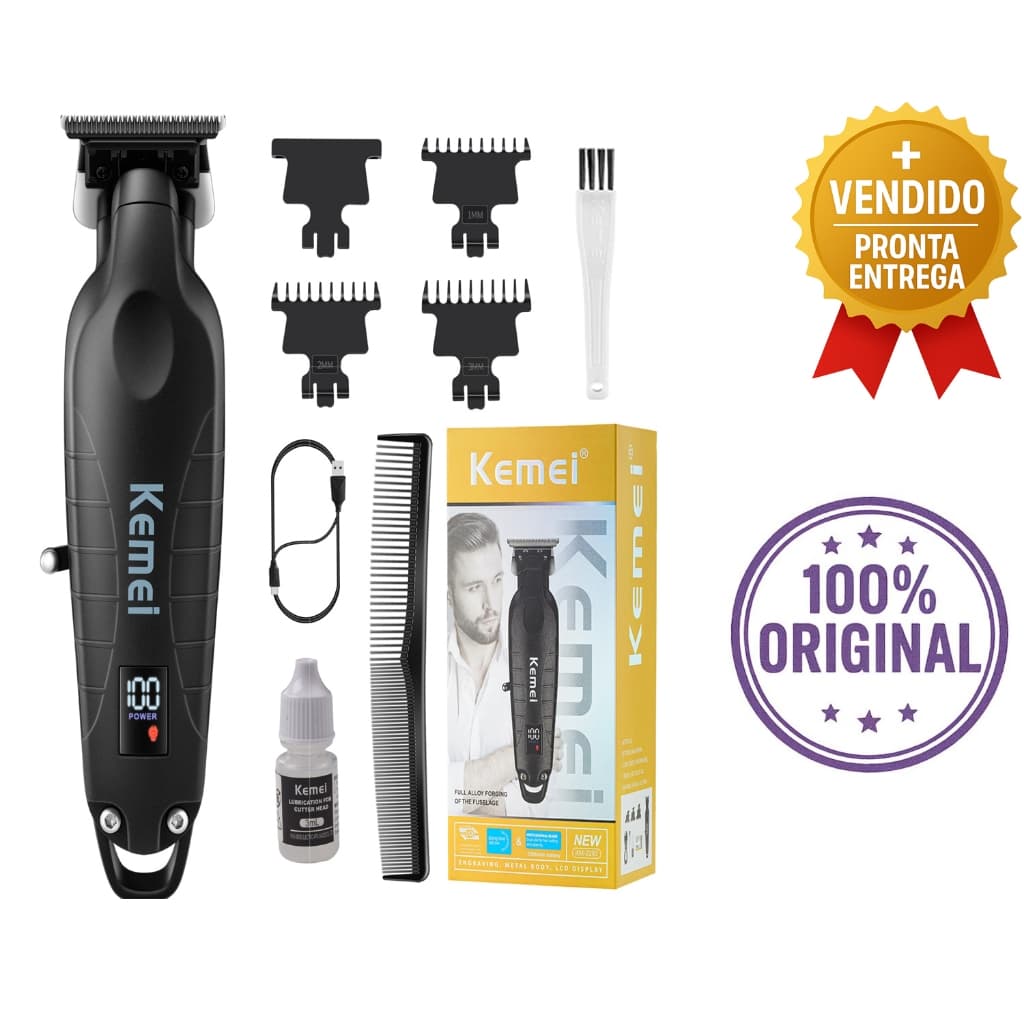 Máquina de Corte de Cabelo e Aparador Profissional Kemei Recarregável com Display LED