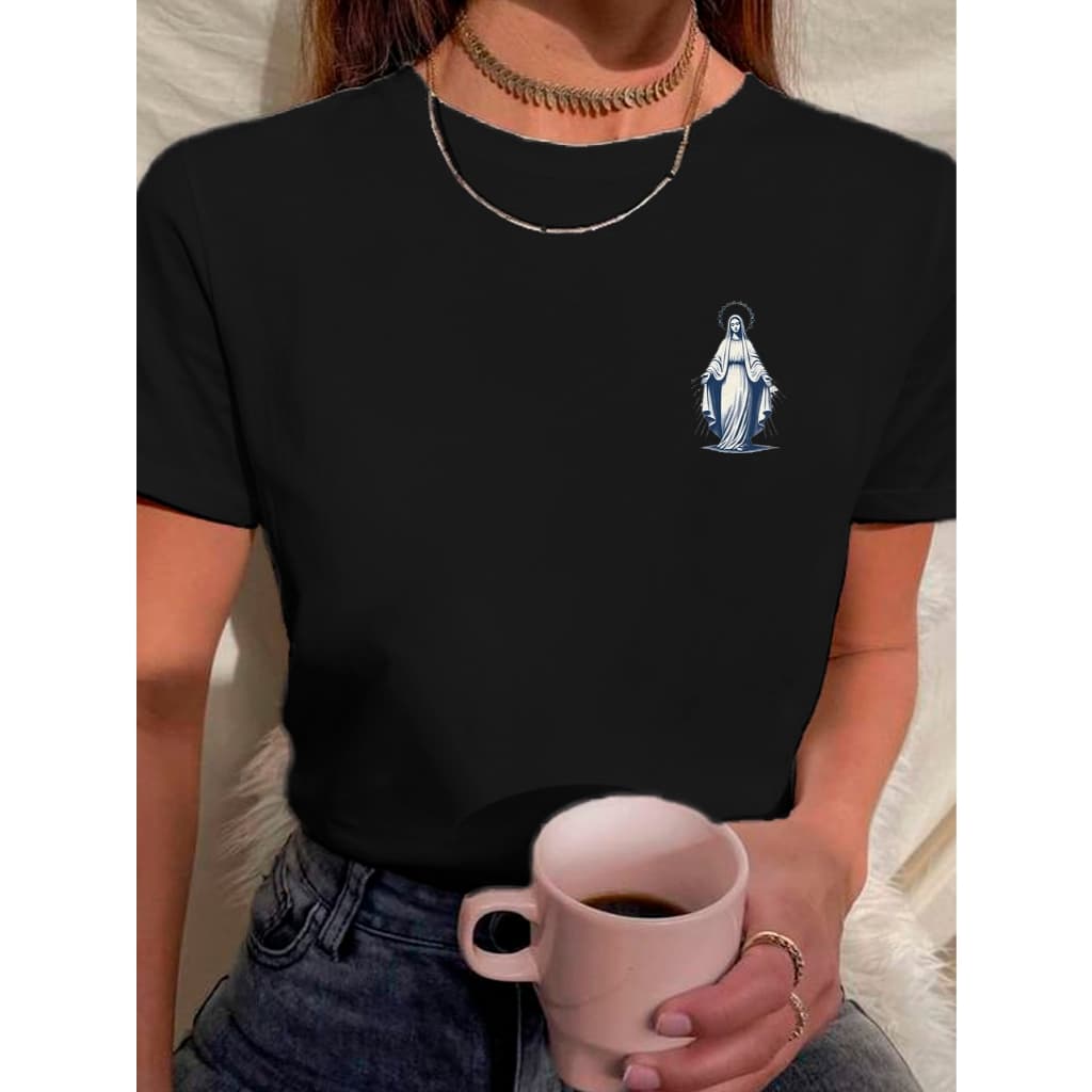 Camiseta Babylook Feminina Estampada 100% Algodão Nossa Senhora Das Graças Minimalista Católica Religiosa