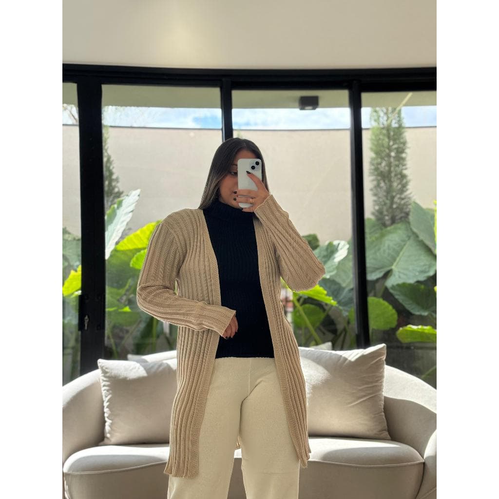 Cardigan Feminino Tricot Longo Canelado Sem Botão  Casaco Aberto Leve e Elegante para Outono/Inverno