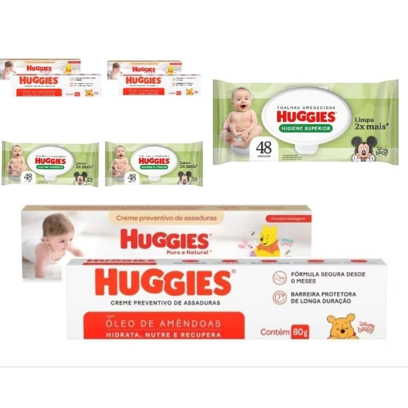 Kit 3 Pomadas Huggies 80g cada + 3 Pacotes de Lenços Umedecidos Huggies