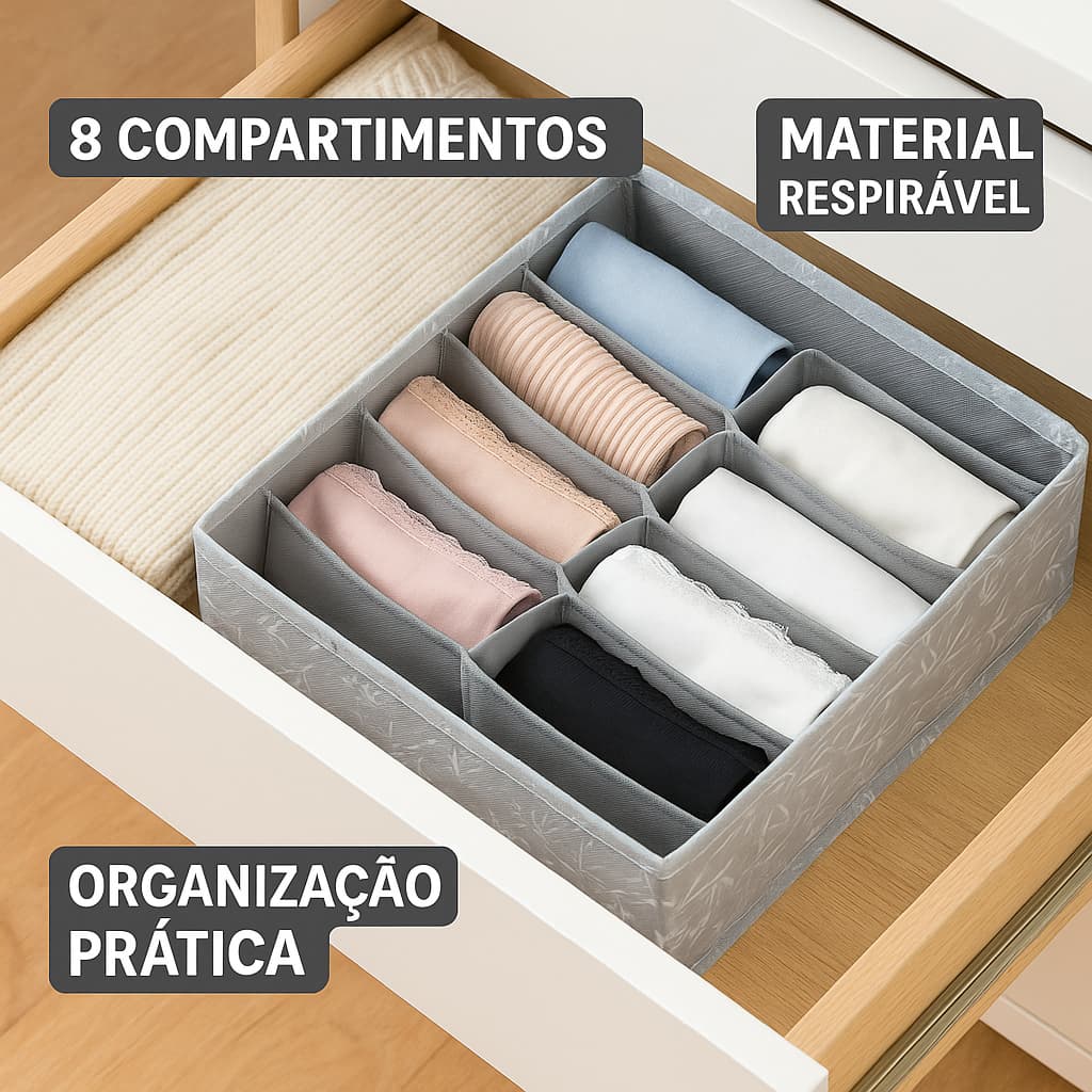 Organizador de Gaveta 8 Compartimentos Cinza para Roupas e Acessórios Gaveta Colmeia Guarda Roupas
