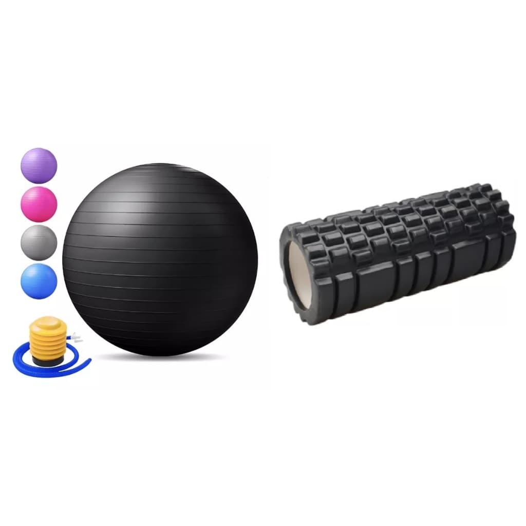 Kit Bola pilates yoga 65cm com Bomba + Rolo de Massagem Foam Roller Fisioterapia - Preto