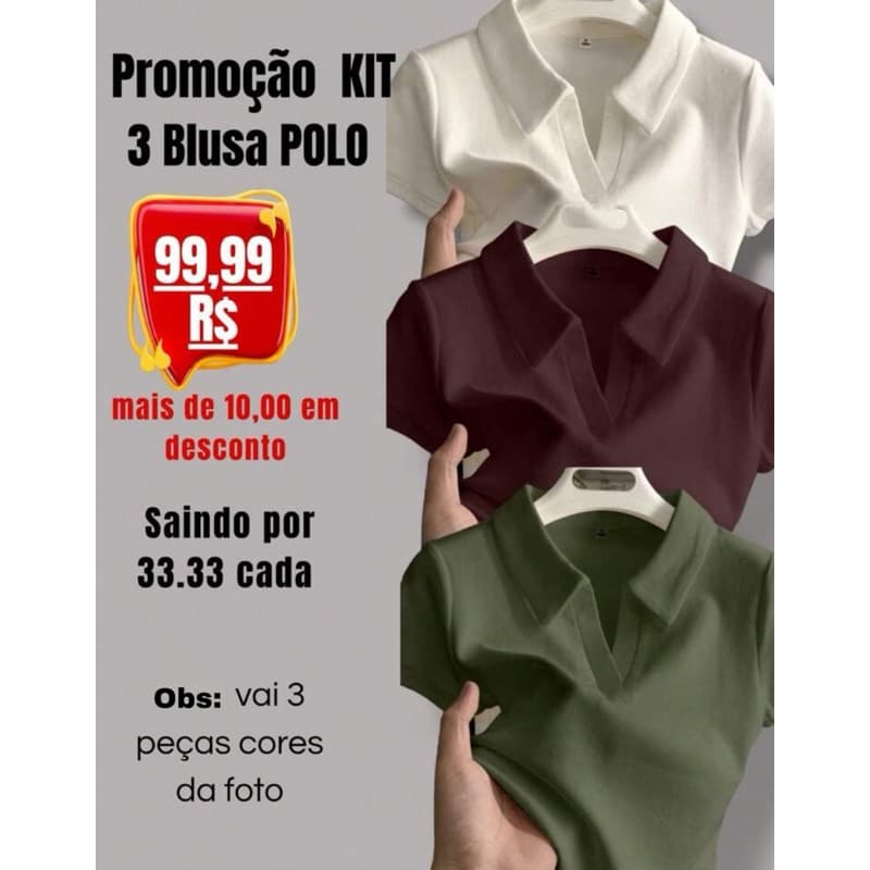 Kit 3 camisas feminina canelada gola polo
