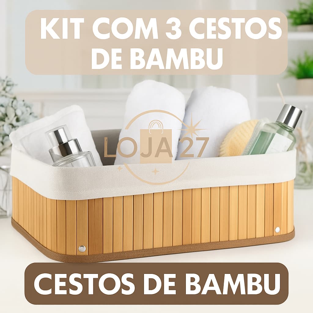 Kit 3 Cestos Organizadores de Bambu Multiuso com Forro