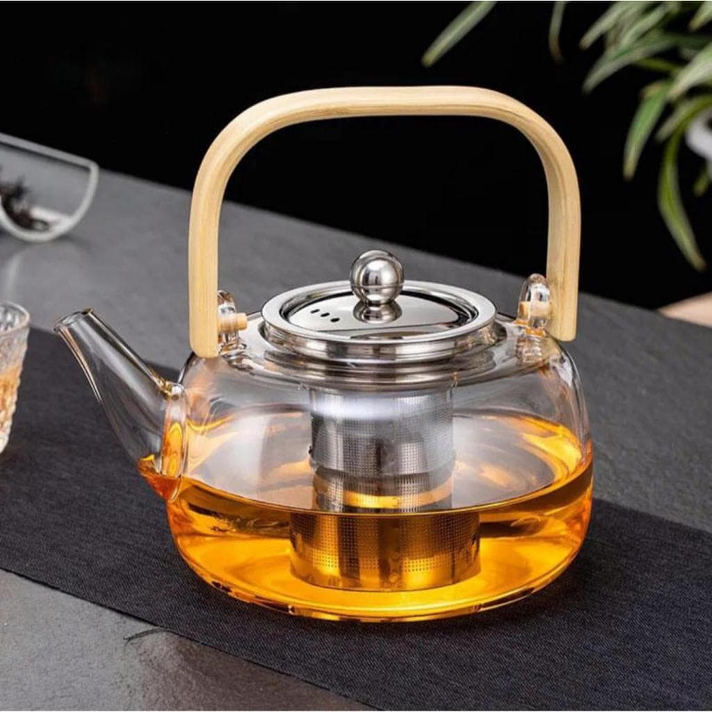Chaleira De Vidro Com Infuso Inox E Alça De Bambu 1 Litro