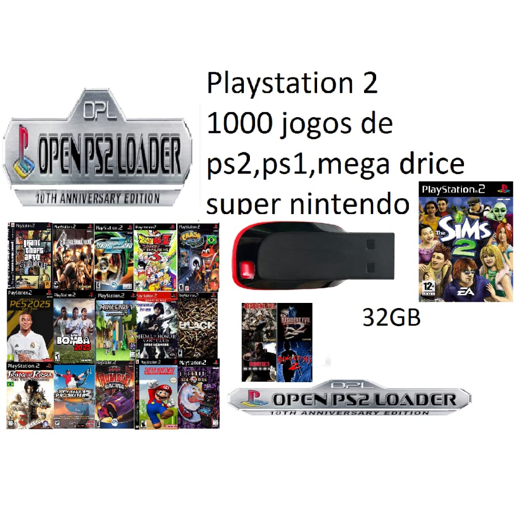 Pen Drive 32gb para OPL Ps2 com 1000 Jogos Ps2 Ps1 Super Nintendo