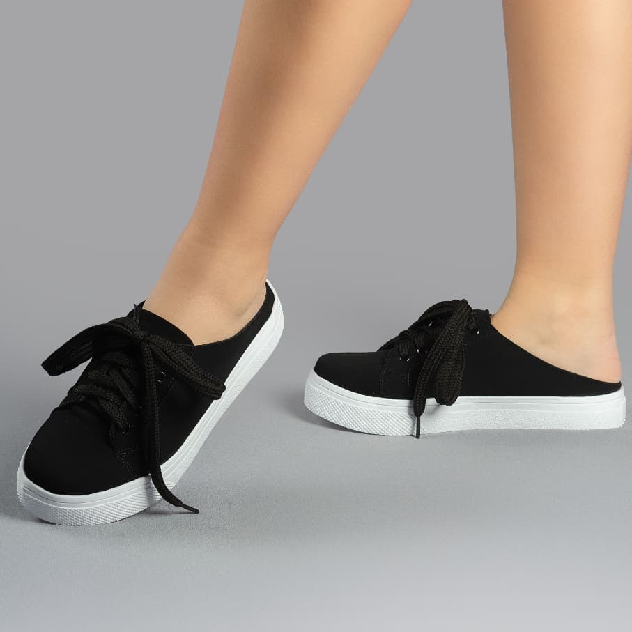 Tênis Feminino Mule Calce Fácil Babuche Meia Casual Básico Slip On Confortável Leve Preto