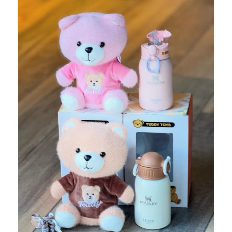 Garrafa Térmica Fofo Urso Teddy + Urso para porta garrafa e Pelúcia Acompanha – 500ml Conserva Quente e Frio