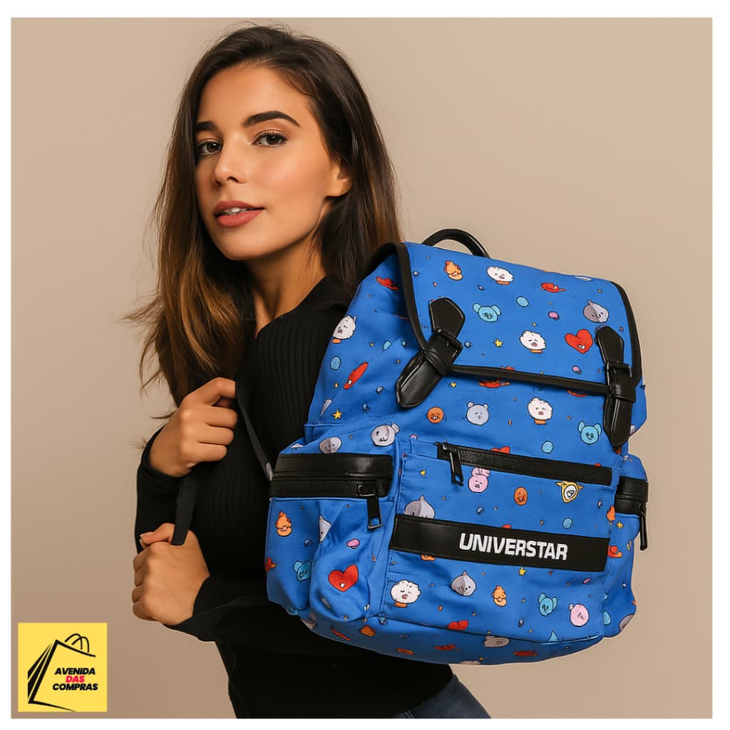 MOCHILA INFANTIL SACO PERSONAGENS BT21 AZUL ESTILOSA PRATICA ESCOLAR 🎒💙