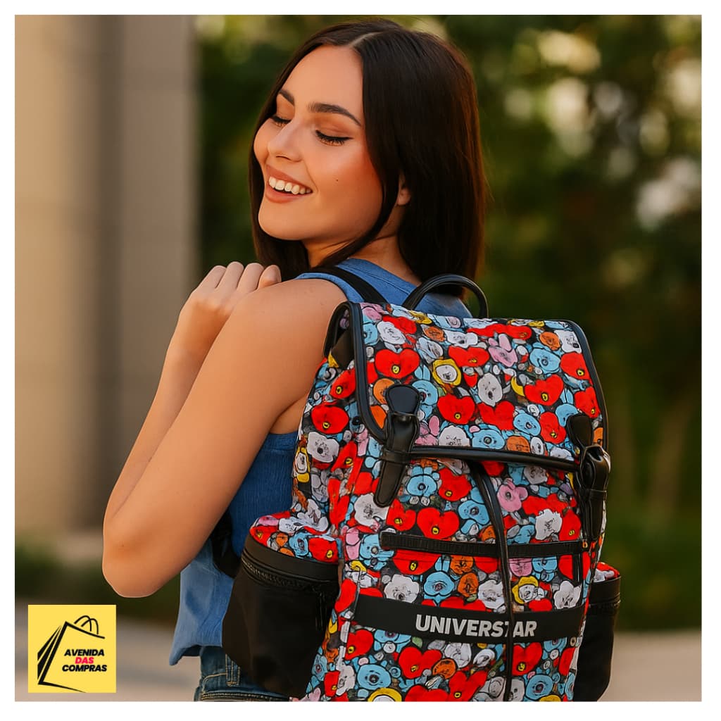 MOCHILA INFANTIL SACO PERSONAGENS BT21 PRETA ESTILOSA PRATICA ESCOLAR