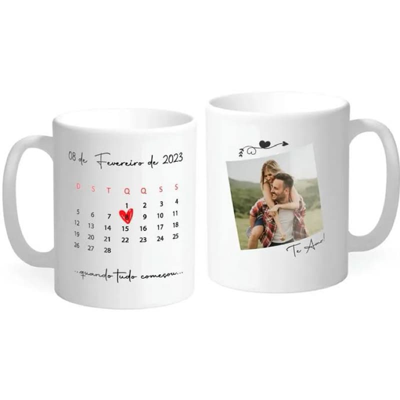 caneca branca de porcelana personalizada com foto, nome e calendario com data