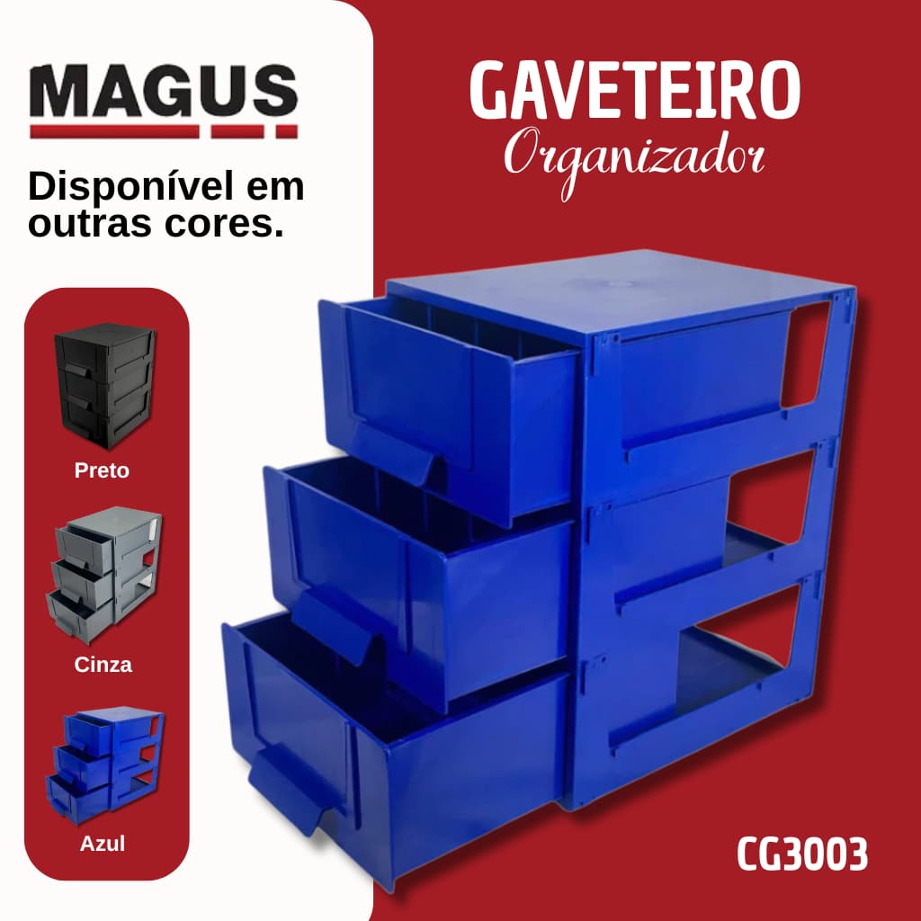 Gaveteiro Grande CG3003 MAGUS com 3 Gavetas – Organizador Multiuso Para Ferramentas e Peças