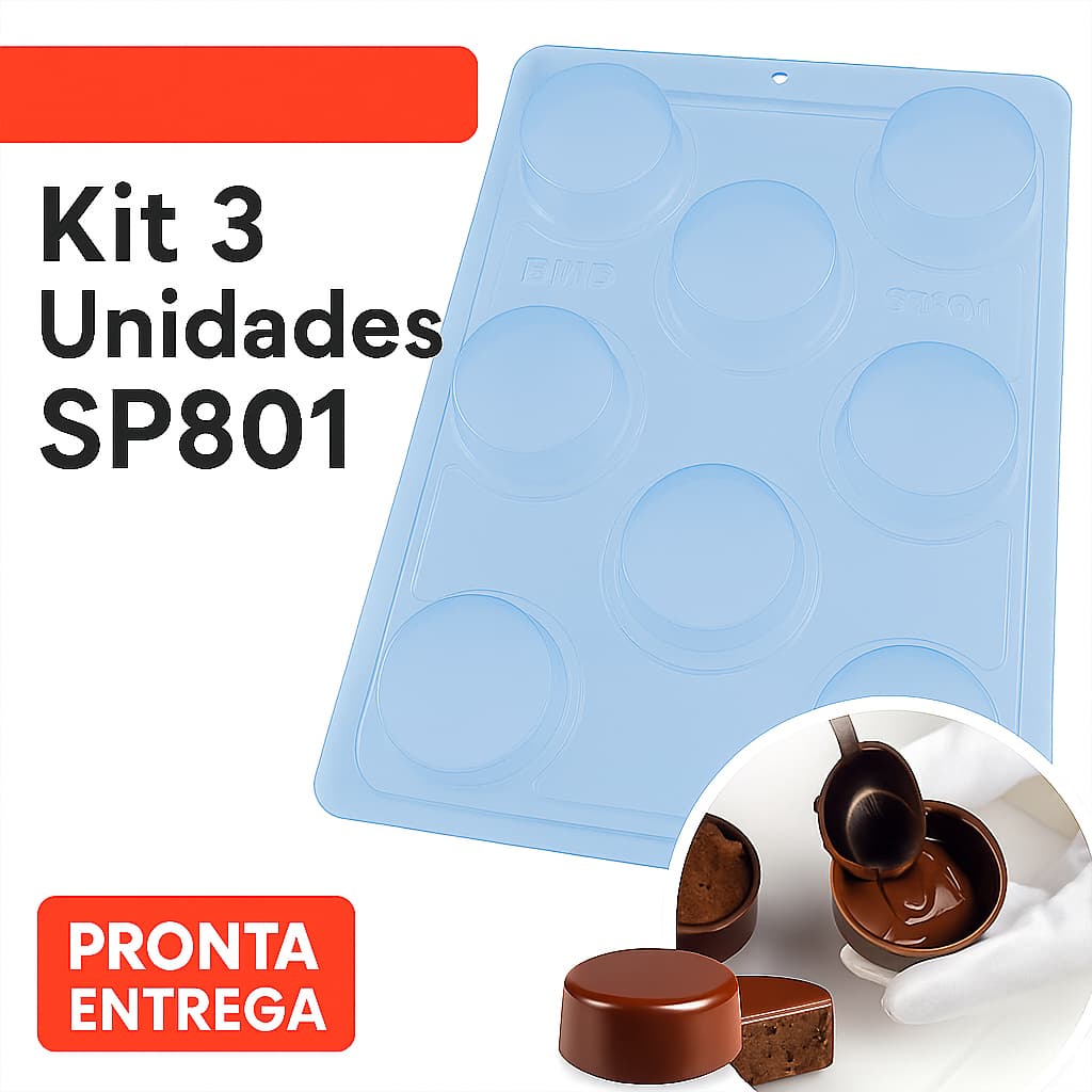 1-5 Forma para Chocolate 3 Partes SP801 BWB Pao de Mel Pequeno Bolo Trufado Bombom Aberto Alfajor