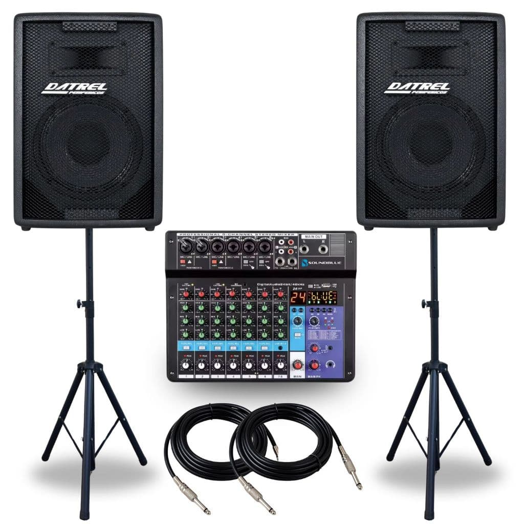 Kit 2 Caixas Som 300w Ativa Passiva Acustica Profissional + Console Mesa 8 Canais Audio Usb Midi Combo + Suportes Tripe