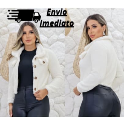 Casaco Teddy curto Jaqueta de botão Moda Feminino Felpudo Pelo Urso pelos urso Blogueirinha