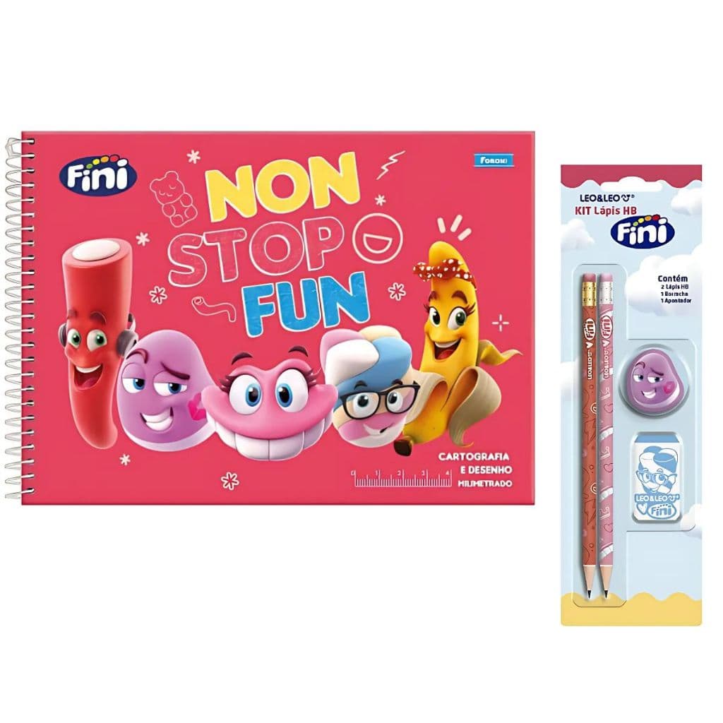 Kit Escolar Fini Leo&Leo Caderno de Desenho 80 Folhas Capa Dura  + Lápis HB + Borracha e apontador Volta às Aulas
