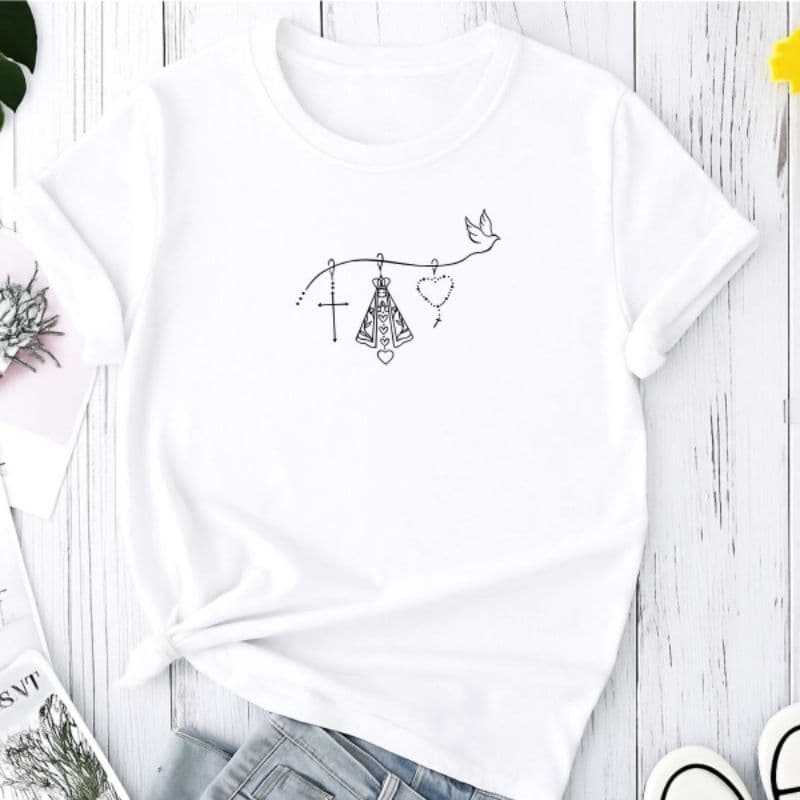 Camiseta Blusa Feminina Nossa Senhora Minimalista 100% Algodão Católica Religião Básica