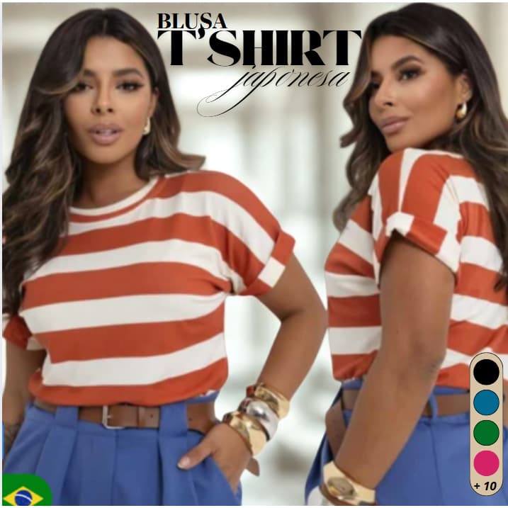 Blusa T-shirt Listrada Bicolor Manga Curta Doblada Cores Verao Inverno Tendencia 2025 Viscolycra Premium