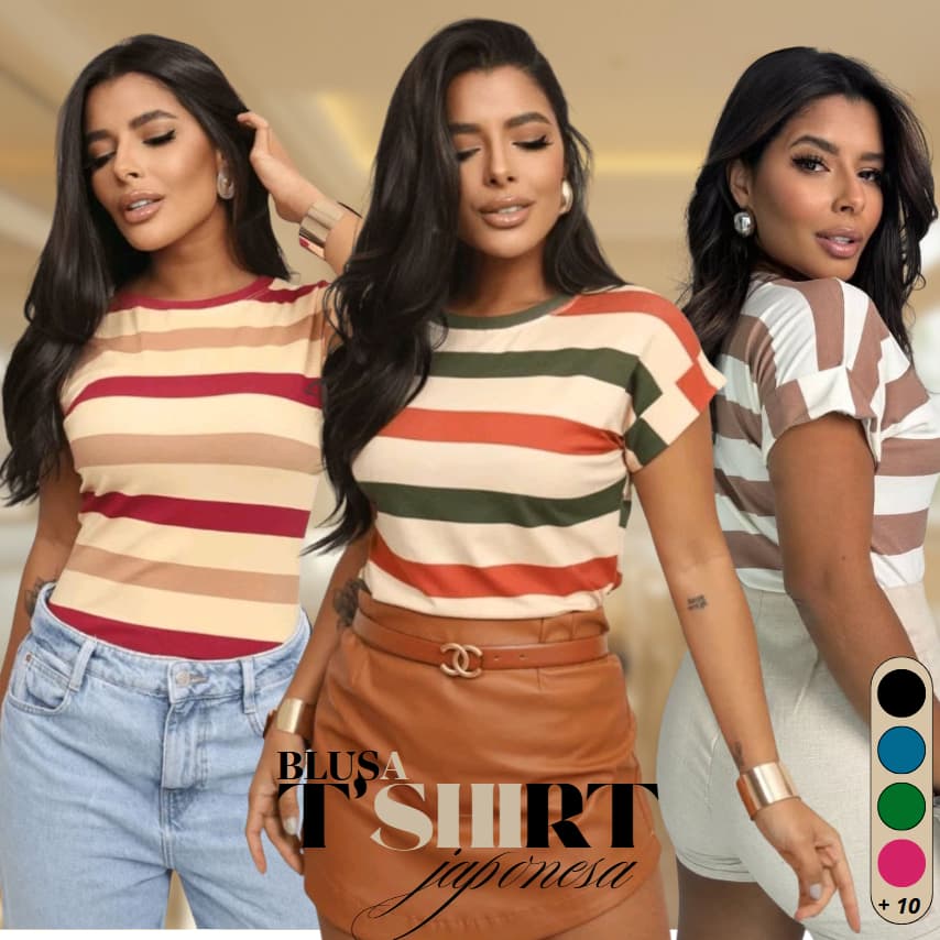 Blusa T-shirt Listrada Bicolor Manga Curta Doblada Cores Verao Inverno Tendencia 2025 Viscolycra Premium