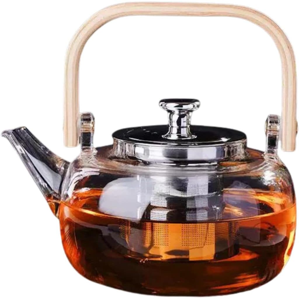 Chaleira Bule de Vidro Borossilicato Resistente ao Calor 600ML com Alça de Bambu e Infusor de Inox