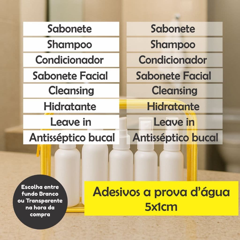 Adesivos itens higiene viagem banheiro  5x1cm Sabonete, Shampoo, Condicionador e Mais – À Prova d’Água