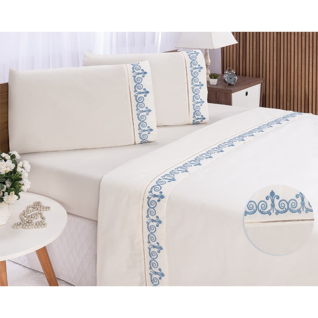 Jogo de Lençol 4 peças Bordado Cama Casal Queen 40cm alt. Percal 400 Fios