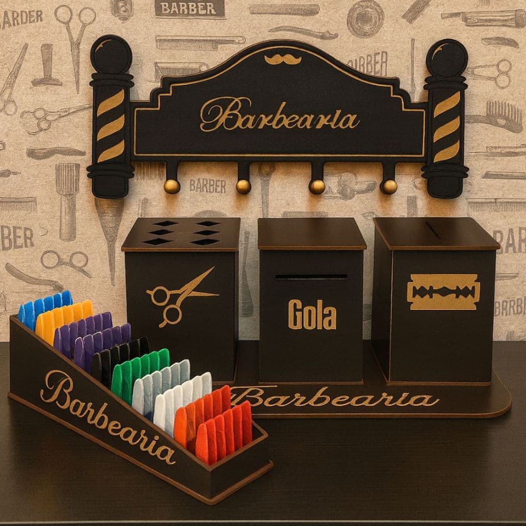 KIT Barbearia Descarte Lâminas + Porta Tesouras + Cabideiro + Porta Pentes
