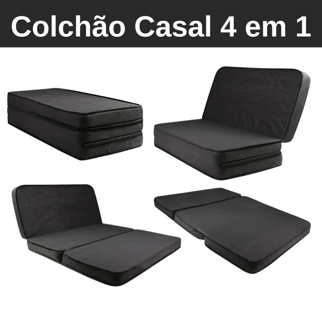 Colchão Dobrável de Casal Sofá Cama Puff Conforto Descanso Leve Densidade 28 Preto 100% de Espumas Prático e Moderno