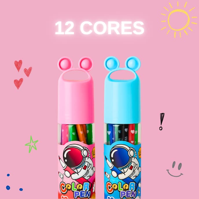 KIT 12 CANETINHAS HIDROGRÁFICAS COLORIDAS E NÃO TÓXICO NO PORTA CANETAS  CRIATIVO