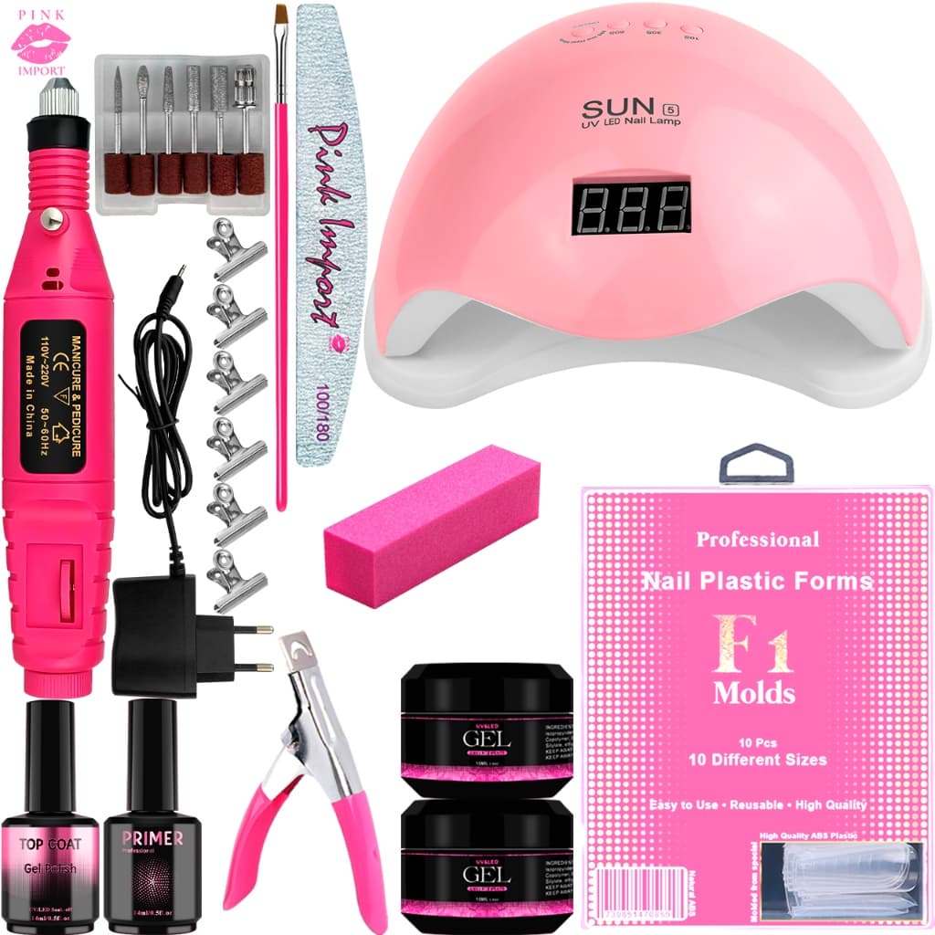 Kit Manicure Alongamento Unhas Profissional Com Lixadeira Motor Caneta Cabine Sun 5 Led Uv Para Fibras Gel Unha Acrigel