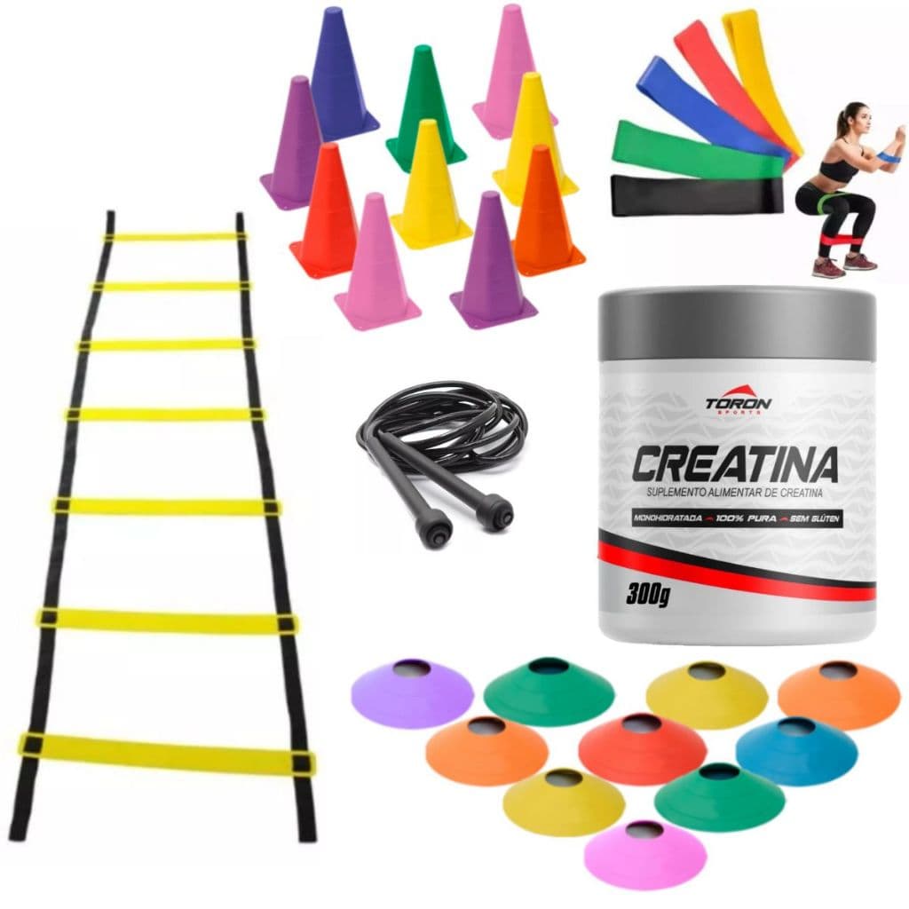 Combo Funcional 5 Cones 5 Chapeus 1 Escada Agilidade 1 kit Mini Bands 1 Corda + Creatina Pura 300g