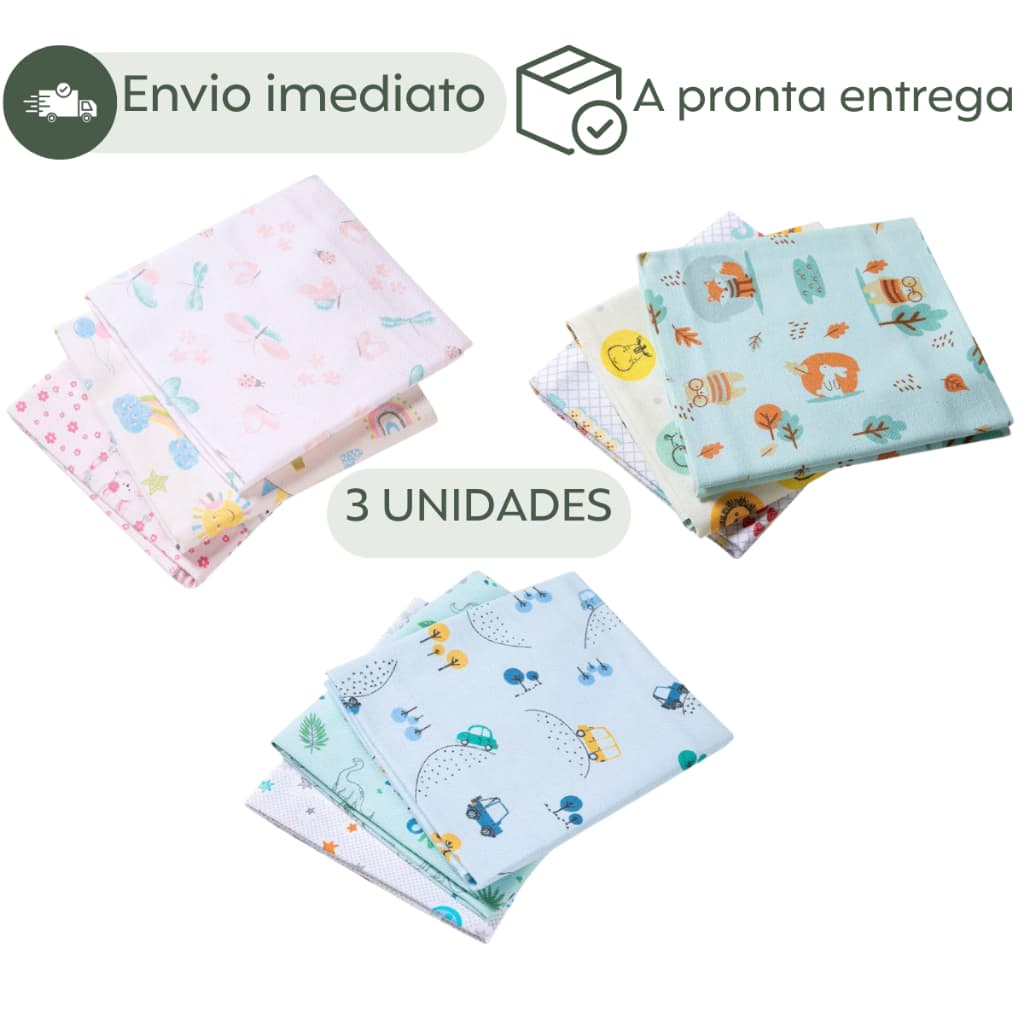 Kit Enxoval 3 Cueiros Bebê 100% Algodão 80X50 Estampado Infantil