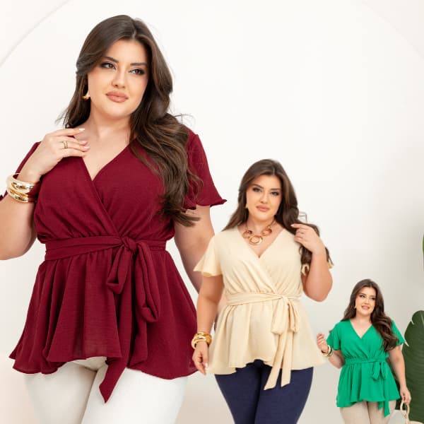 Blusa Plus Size Cristã Com Laço Ajustável Comportada Rodada Babado Decote V
