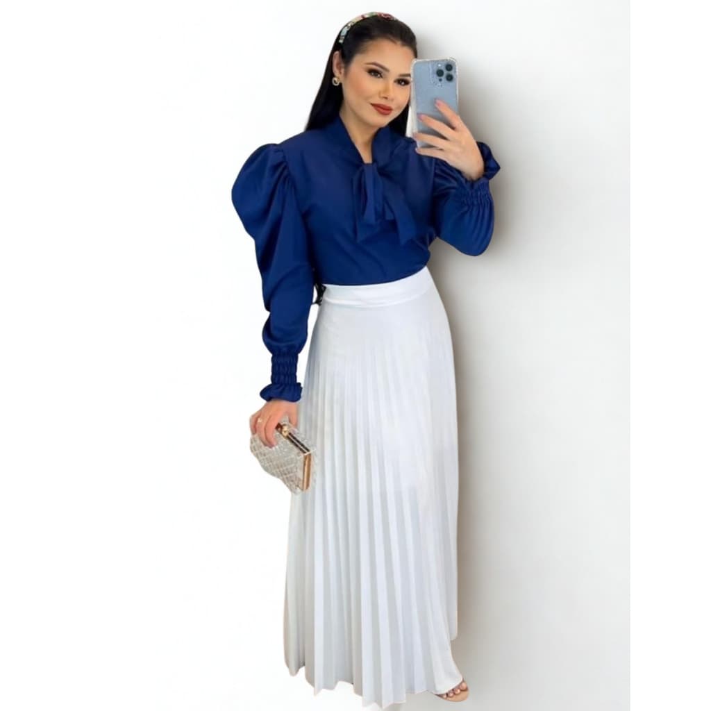 Saia Feminina Longa Plissado Cintura Alta Com Forro Moda Evangélica e Modesta Cristã Elegante Brasil