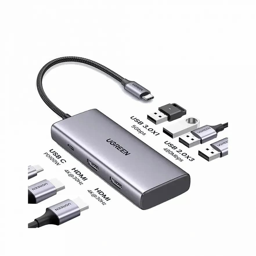 Ugreen - Hub Usbc 7X1 - 2X HDMI - 2X Usb A 3.0 -  3X  Usb A 2.0 -  100w Pd - Compatível iPhone 15 16