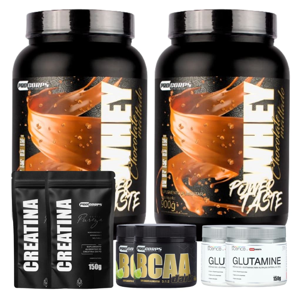 2 Whey Protein 900g + 2 Bcaa + 2 Creatina pura refil + 2 Glutamina