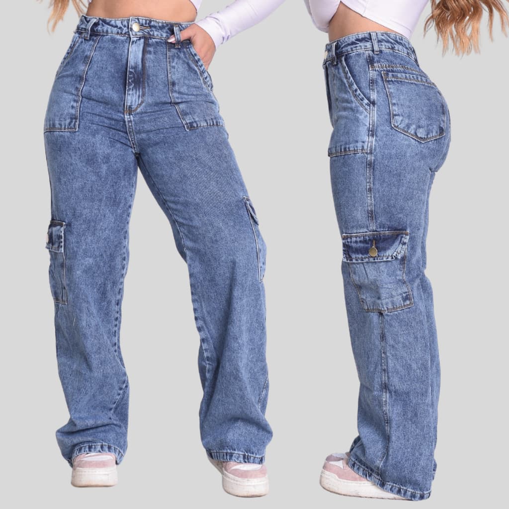Calça Jeans Cargo Bolsos Soltinha Cós Alto 100% Algodão Empina Bumbum Premium Wide Leg Larga