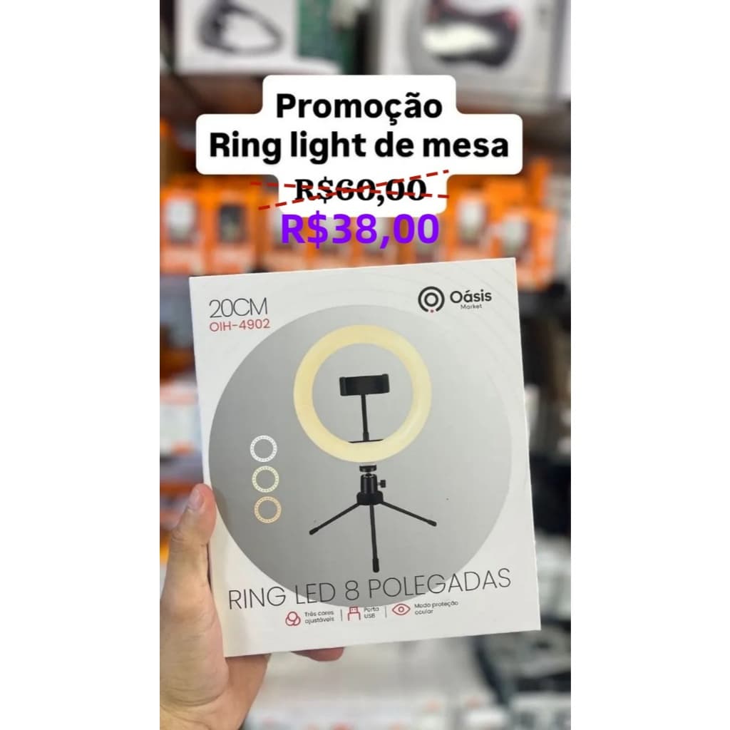 Ring Light 8 Pol 20cm LED Tripé Regulável Suporte Celular USB 3 Luzes-Oásis Market-OIH-4902