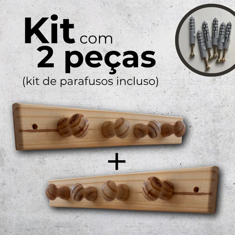 Cabideiro de Madeira Pinus 4 Ganchos Parede para Quarto Banheiro Kit com 2 peças