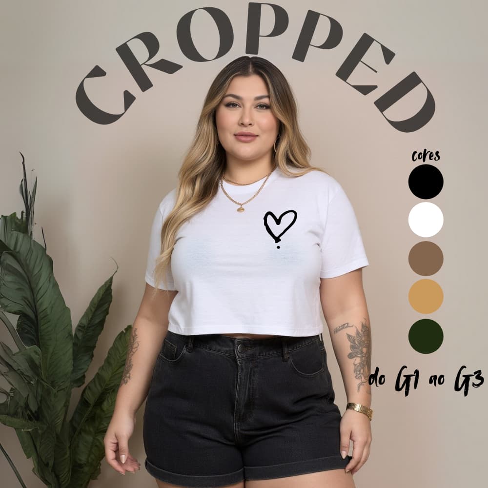 Cropped Blusa Plus Size Feminina Manga Curta - 100% Algodão "Coração Vazado"