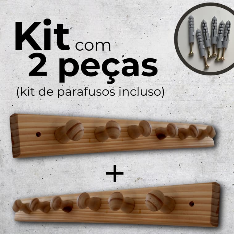 Cabideiro de Madeira Pinus 6 Ganchos Parede para Quarto Banheiro Kit com 2 peças