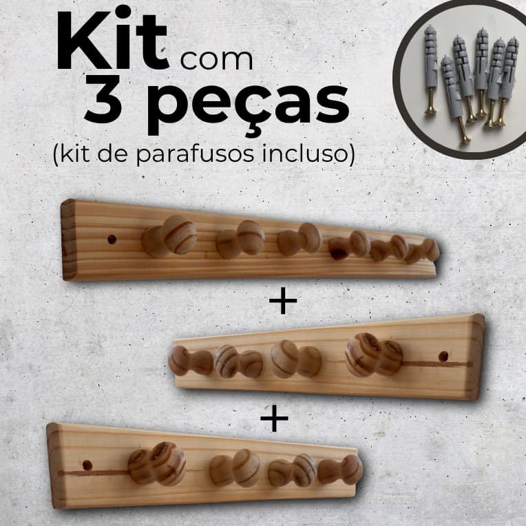 Cabideiro de Madeira Pinus 4 e 6 Ganchos Parede para Quarto Banheiro Kit com 3 peças