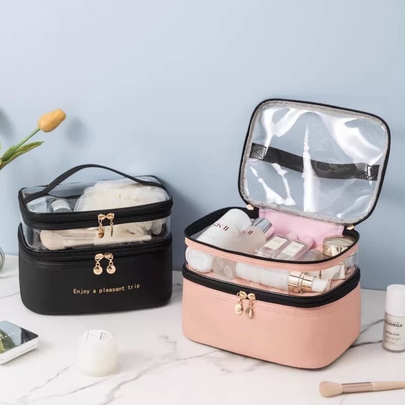 Bolsa cosmética portátil de dupla camada de grande capacidade para uso externo, bolsa de viagem para cuidados com a pele