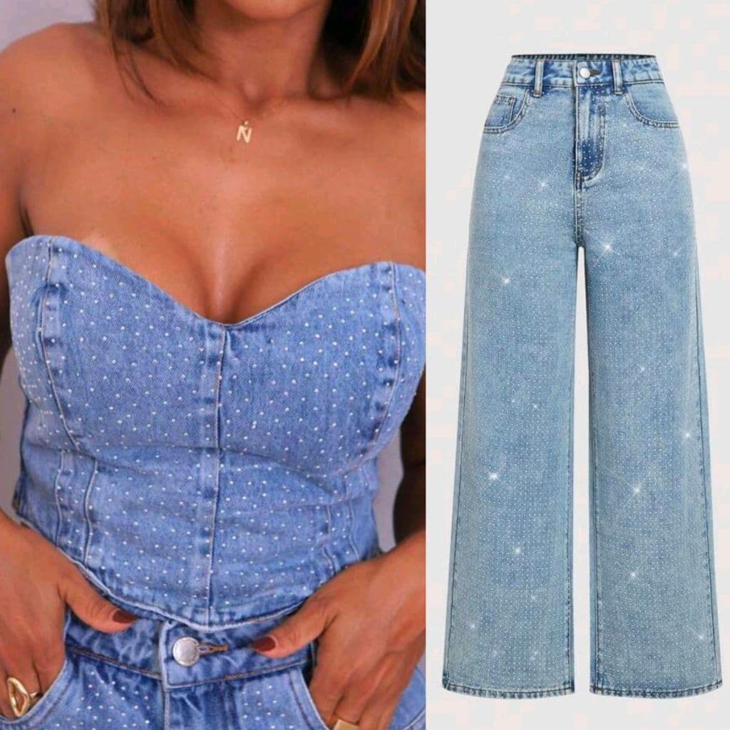 Conjunto Jeans De Calça e Cropped Tomara Que Caia Com Brilho Moda Gringa