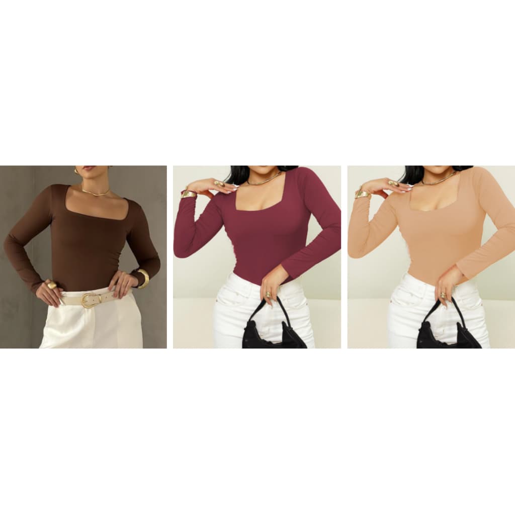 Kit 3 Blusas SUPLEX Manga Longa Gola Quadrada Moda Inverno