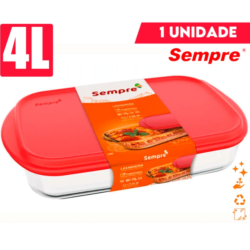 Assadeira Retangular MARINEX Forma Grande 4L Vidro Temperado Tampa Vermelha Sobremesa Lasanheira