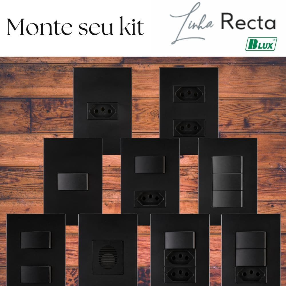 Tomada 10A 20A Interruptores Simples e Paralelo Placas e Campainha - Linha Recta Preto Fosco Blux