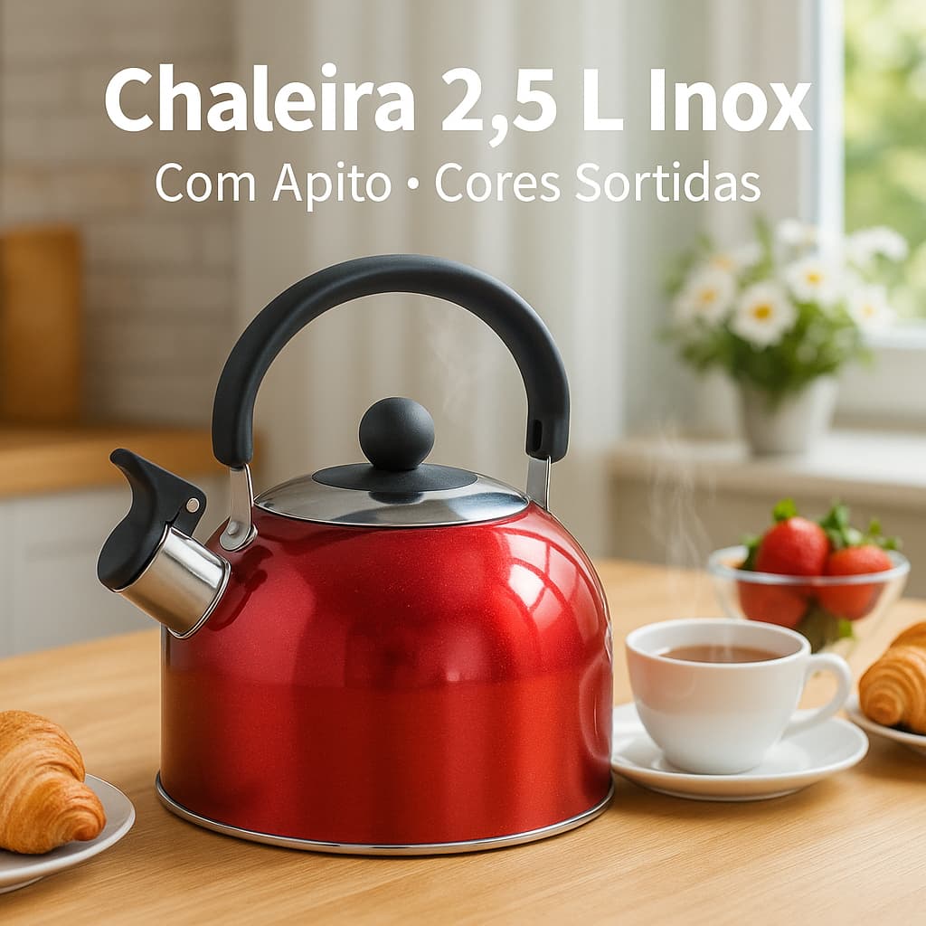 Chaleira Com Alça térmica Tampa Apito Cabo Móvel Sortido  inox cozinha chá café fogão