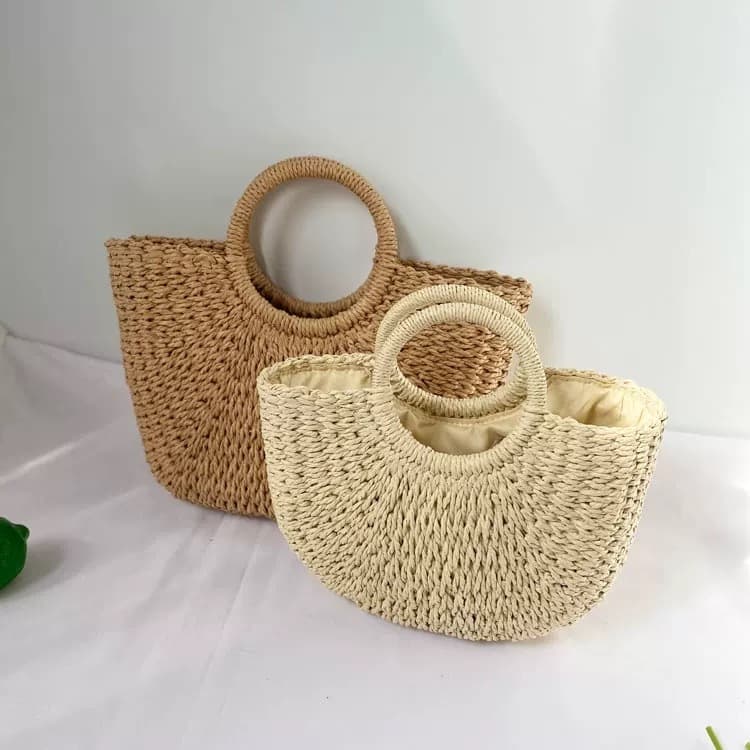 Bolsas Bolsa palha grande meia lua praia feminina forro de tecido fecho com cordão