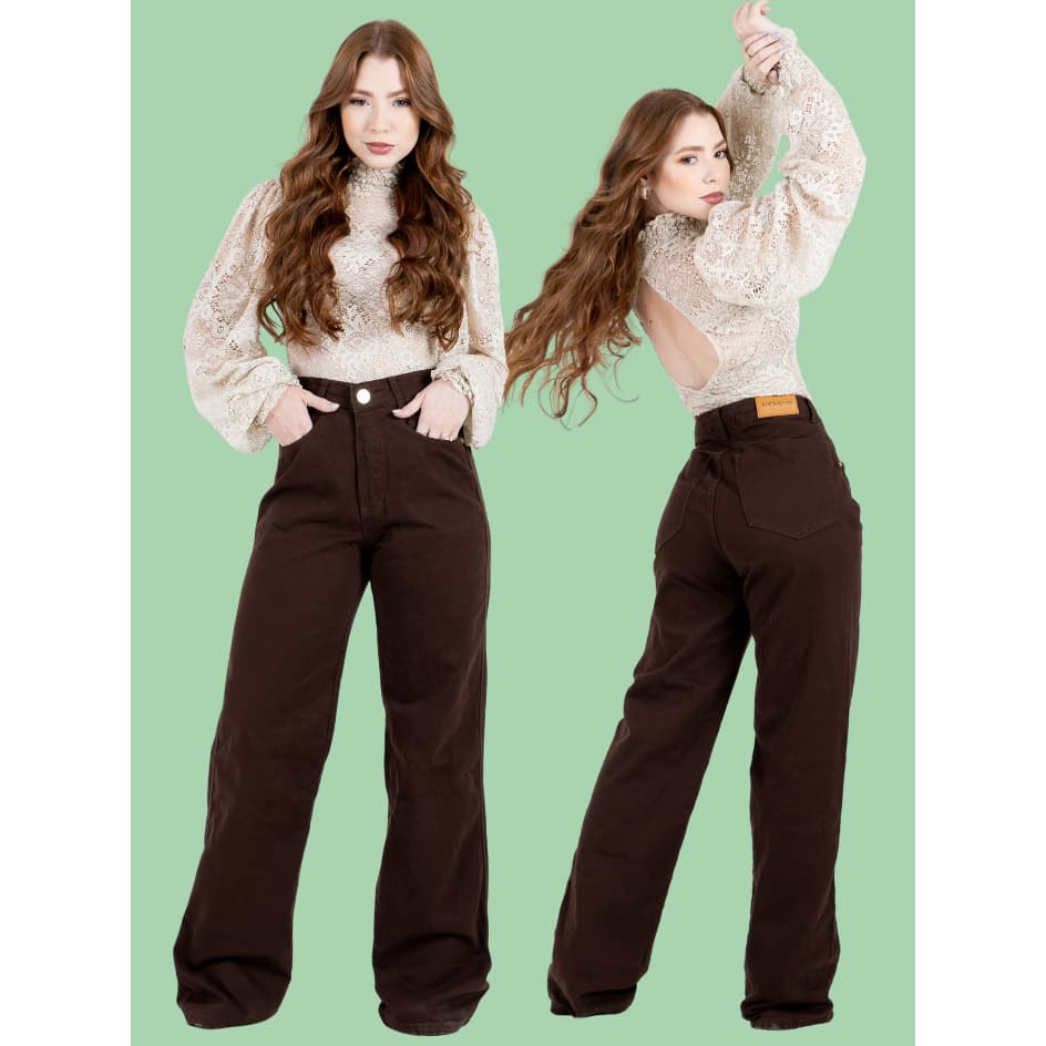 Calça Wide Leg Feminina Marrom  100% Algodão, Moderna e Versátil para Trabalho e Passeio